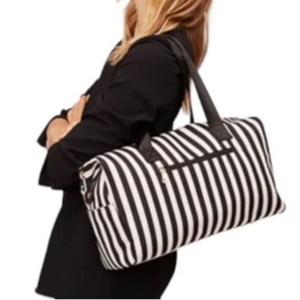 Alice + Olivia Positano Striped Travel Duffel Weekender Bag in Black White